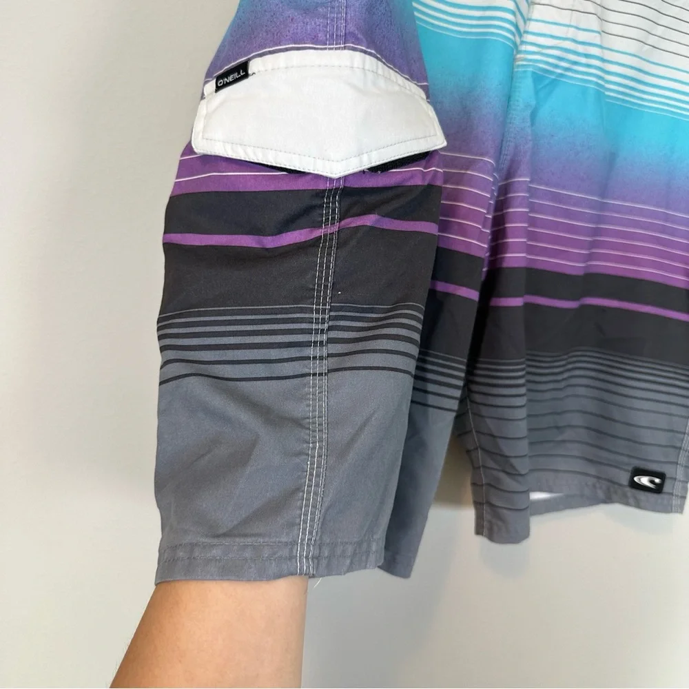 O'Neill Men's Striped Multicolored Swim Shorts Blue Purple Gray Surf Beach Wear